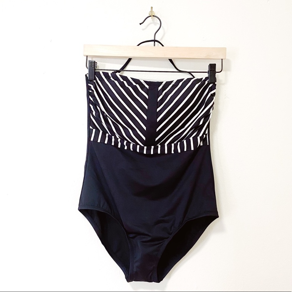 Retro Navy Striped Strapless One Piece Swimsuit